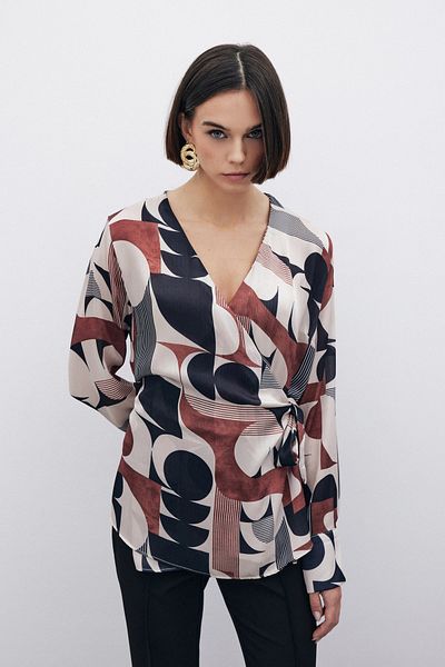 Sateen Double Breasted Side Tie Blouse - Brown