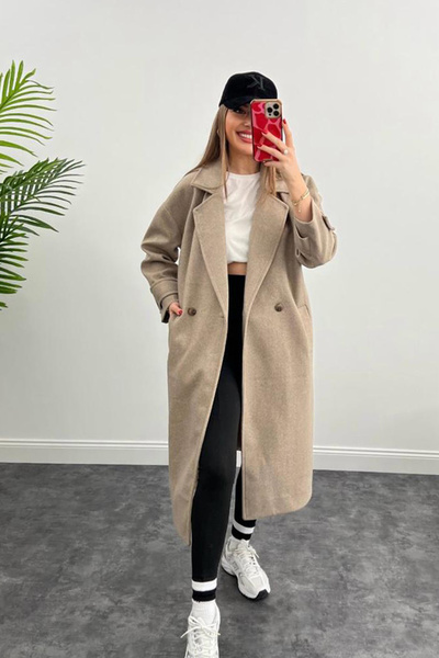 msendam Dámský oversize dlouhý kabát s měkkou texturou a manžetami na rukávu – světlý norkový