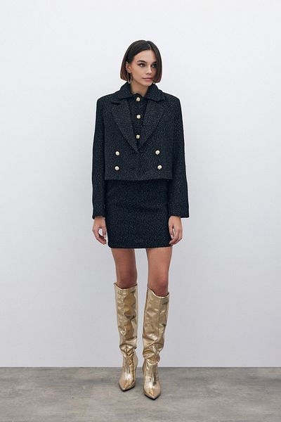Sateen Glitter Short Tweed Jacket - Black