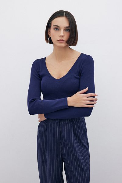 Sateen Tricotaj Crop cu decolteu în V - ALBASTRU ÎNCHIS