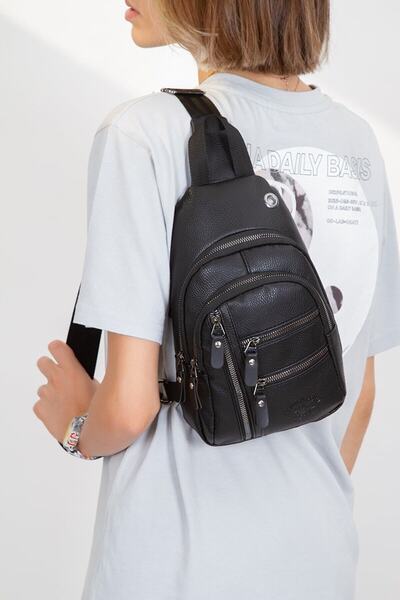 Newish Geantă de umăr încrucișată din piele vegană, neagră, impermeabilă, pen...