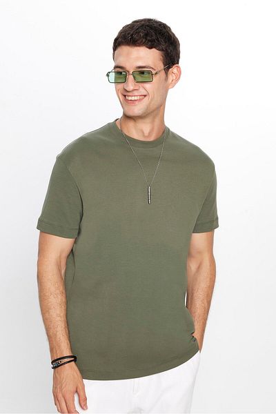 Tudors Unisex Relax Fit Άνετο T-Shirt 100% βαμβάκι μαλακής υφής Basic Crew Neck Khaki T-shirt