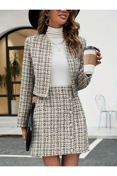 modaserdem Women's Long Sleeve Open Front Button Detailed Woven Jacket Skirt Double Set