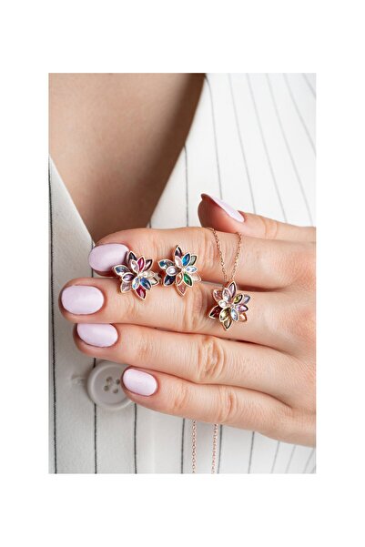 OGO SİLVER 925 Ayar Lotus Çiçeği Gümüş Kolye Küpe Set