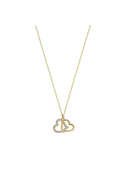 OGO SİLVER 925 Ayar Gümüş Altın Kaplama Beyaz Taşlı Çift Kalp Kolye