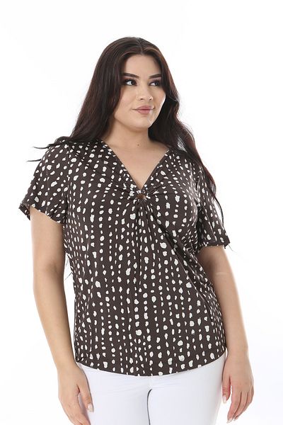 Şans Women's Plus Size Brown Chest Drawstring Detail Lycra Blouse 65N38548