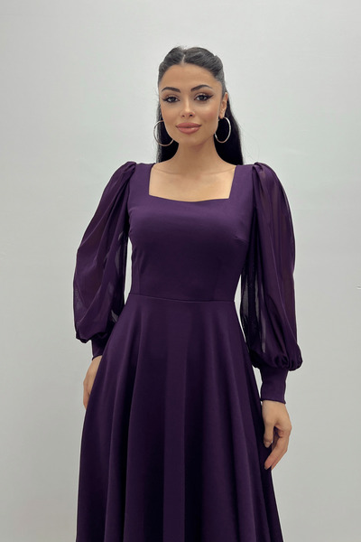 giyimmasalı Krep Kumaş Kolları Tül Detaylı Midi Elbise - PATLICAN MOR