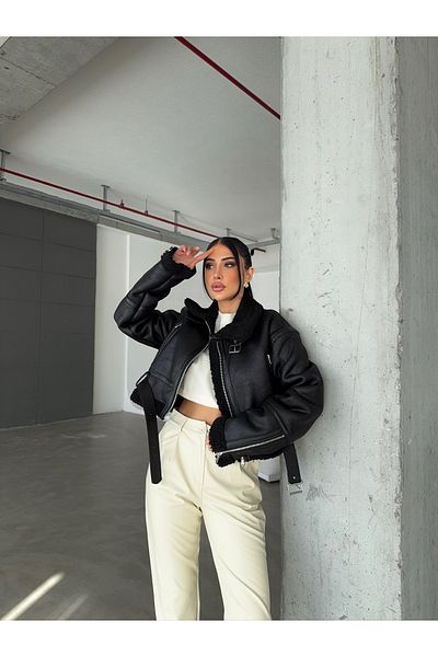 Ekim Store Belted Plush Collar Crop Suede Coat