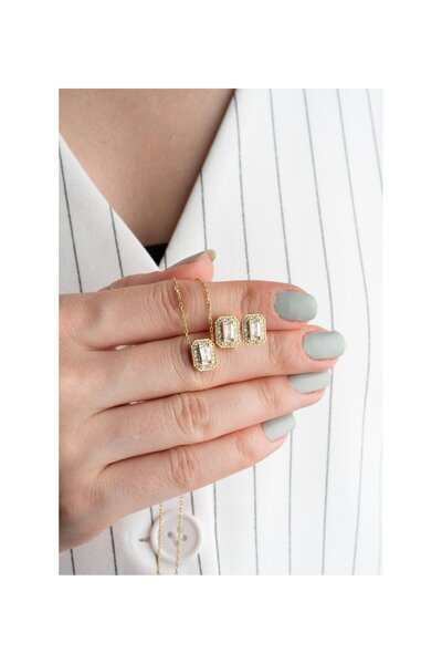 OGO SİLVER 925 Ayar Gümüş Gold Baget Zirkon Taşlı Kolye Küpe Seti