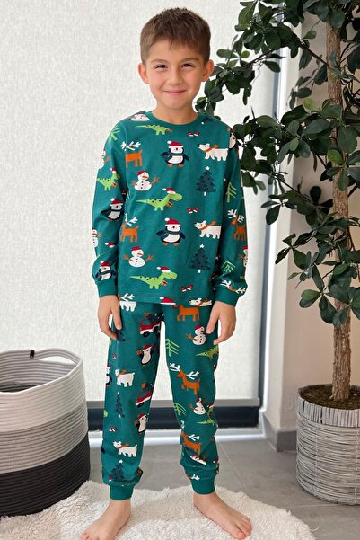 Minik Dolap Unisex Green Uniforme Pajamas - 100% Cotton, Christmas Themed Children's Set