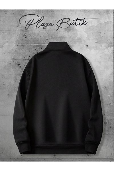 Plaza Butik Unisex Relaxed Fit Oversize Cotton Fleece Half Zipper Stand Collar Ghost Emoji Sweatshirt