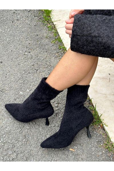 ERVANIN BUTİĞİ Women's Heeled Boots in Black Knitwear (Violet)