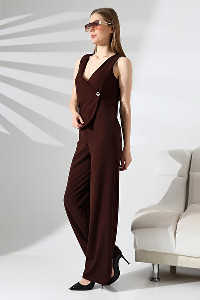 Planet Prestige Brown Green Women's Sleeveless Double Breasted Lapel Button Detail Jumpsuit – Modern and Stylish Design