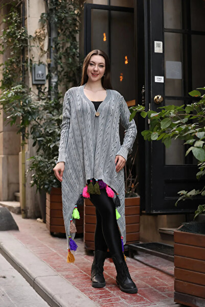 Sosyete Kaplumbağa Authentic Knitwear 100% Cotton Ethnic Tassel Detailed Antique Loose Oversize Asmetric Cardigan