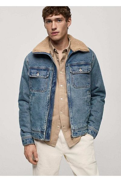 MANGO Man Jeansjacke mit Felldetails