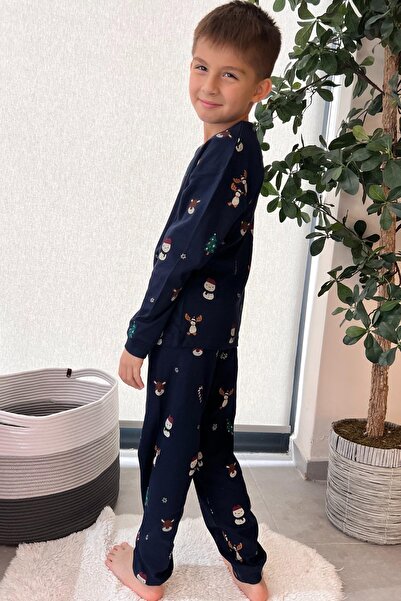 Minik Dolap 🎄 New Year's Themed 100% Cotton Boys' Pajamas Set 🎄 Navy Blue
