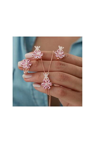 OGO SİLVER 925 Ayar Gümüş Lotus Çiçeği Kolye-küpe Takı Seti