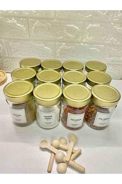MODA OZY 12-Piece Gold Metal Lid Labeled Spice Storage Container with Spoon Glass Jar 350ml