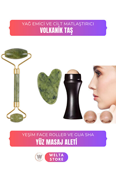 Welta Yeşim FaceRoller&Kalp GuaSha Yüz Masaj Aleti&Volkanik Doğal Yağ Emici C...