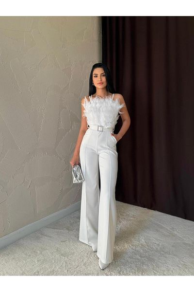 Afiş Butik White Otriş Detailed Belted Jumpsuit