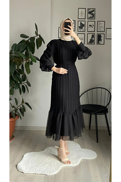 Genel Markalar Piliseli Balon Kol Şifon Elbise