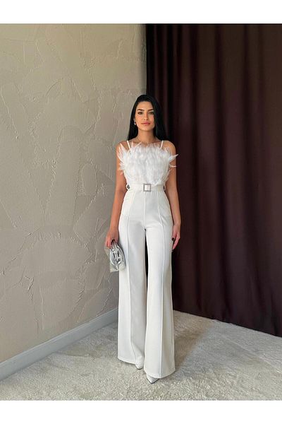 Afiş Butik White Otriş Detailed Belted Jumpsuit