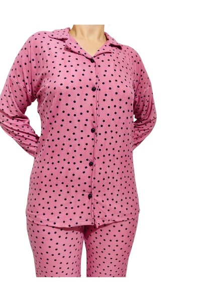 Butik Pembe Suet Uzun Kollu Siyah Benekli Pijamalı 2 Parçadan Oluşan Pamuklu ...