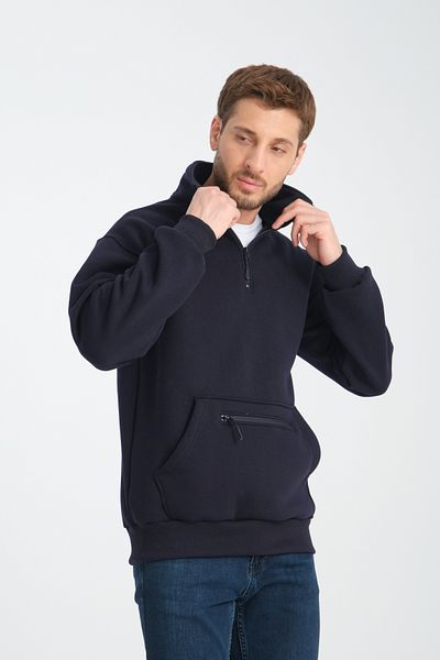 Store Unisex Navy Blue Oversize Sweat - Fleece, Stand Collar, 3 Pockets
