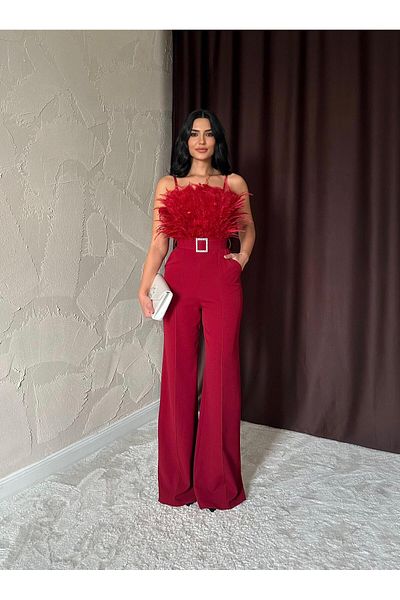 Afiş Butik Burgundy Otrish Detailed Belted Jumpsuit