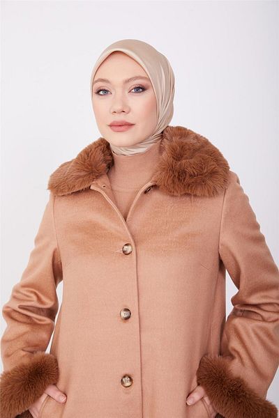 Armine Γούνινο παλτό Camel - Μπροστινό κουμπί, Μοντέλο 23k7806