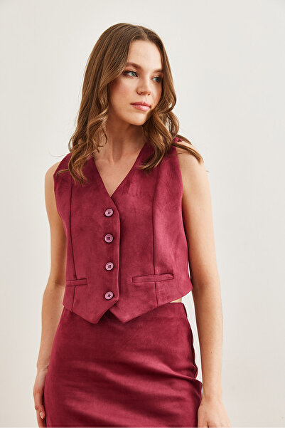 Olalook Women's Burgundy Lined Fleto Pocket Suede Vest Ylk- 19000049