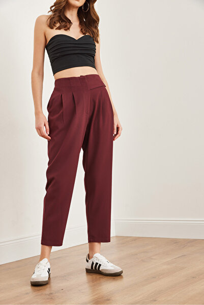 Olalook Kadın Bordo Bel Detaylı Pileli Poliviskon Havuç Pantolon PNT-19000293