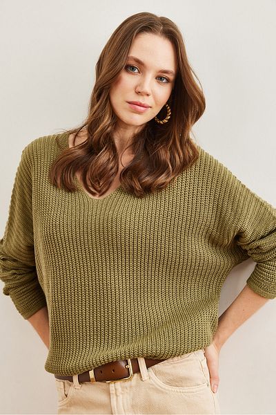 Olalook Light Khaki Oversize Knitwear Tunic - V-Neck, Thessaloniki Knit Tnk- 19000081