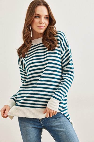 Olalook Tricotaj pentru femei, albastru petrol, cu dungi pe jumătate, cu textura moale, tunică TNK- 19000100