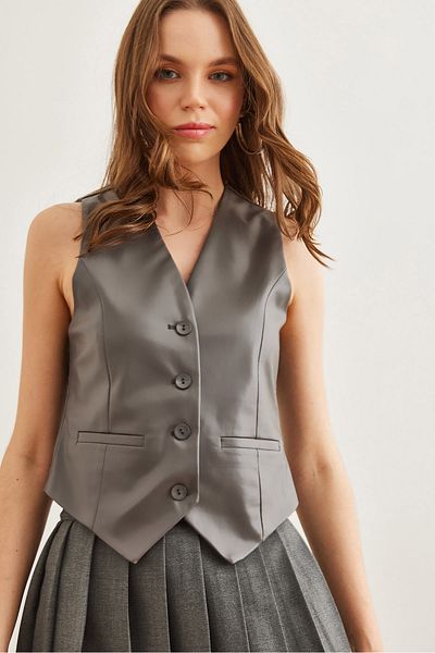 Olalook Grau gefütterte Fleto-Taschen-Kunstlederweste für Damen YLK- 19000045