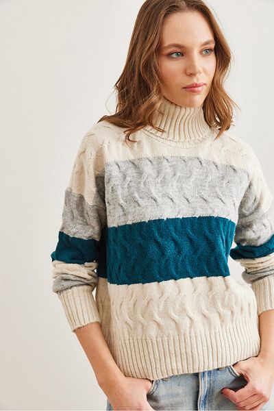 Olalook Weicher Strickpullover für Damen in Petrolblau mit Streifen und Haarstrickdetails – KZK- 19000686