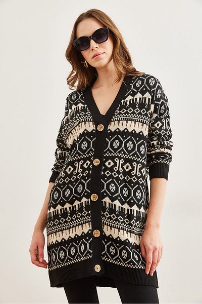 Olalook Schwarzer, ethnisch gemusterter, übergroßer Strick-Cardigan für Damen HRK- 19000300