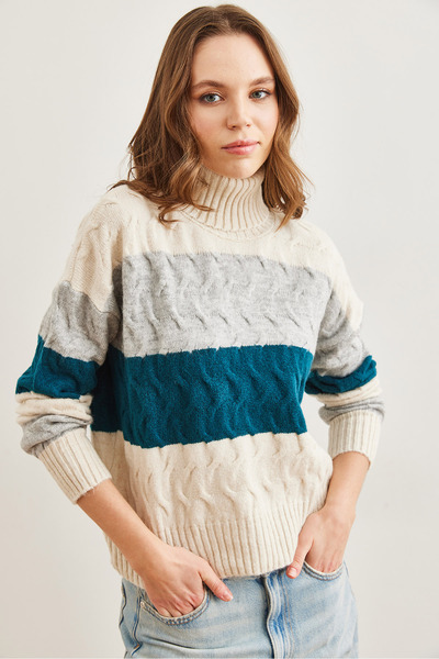Olalook Pulover de damă din tricotaje moale cu dungi albastre petrol și detaliu de tricotat de păr - KZK- 19000686