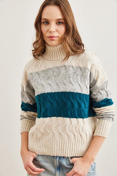 Olalook Weicher Strickpullover für Damen in Petrolblau mit Streifen und Haarstrickdetails – KZK- 19000686