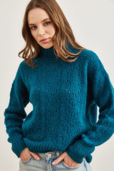 Olalook Kadın Petrol Mavisi Balıkçı Yaka Yumuşak Dokulu Triko Kazak KZK-19000892