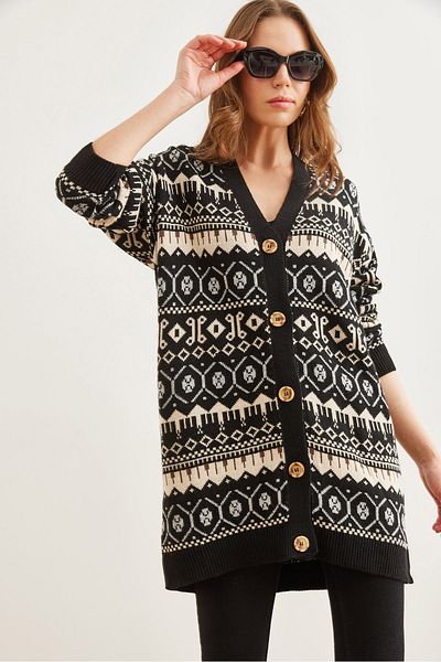 Olalook Schwarzer, ethnisch gemusterter, übergroßer Strick-Cardigan für Damen HRK- 19000300