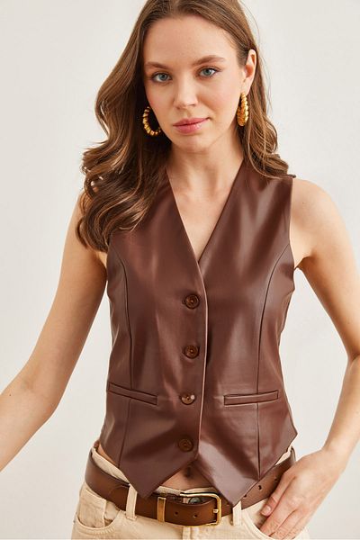 Olalook Bitterbraun gefütterte Fleto-Taschen-Kunstlederweste für Damen YLK- 19000045