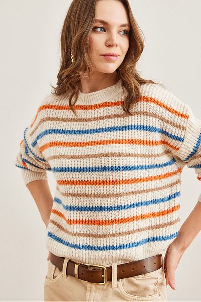 Olalook Women's Ecru Striped Beard Detail Soft Textured Knitwear Sweater Kzk- 19000893