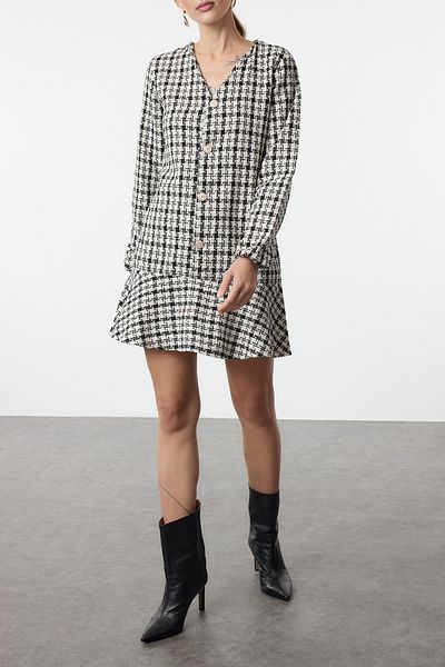 Edit by Trendyol Black Tweed Fabric Flounce Mini Woven Dress Tedaw25El00037