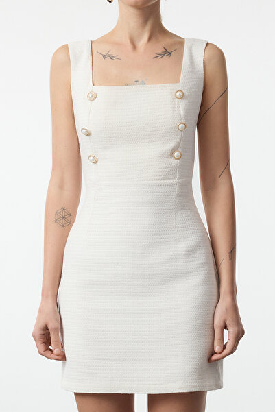 Edit by Trendyol Ecru Button Detailed Tweed Mini Woven Dress Tedaw25El00039