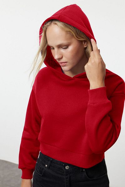 Trendyol Collection Red Thick Fleece Inside Hooded Relaxed Cut Crop Basic Knitted Sweatshirt TWOAW24SW00105