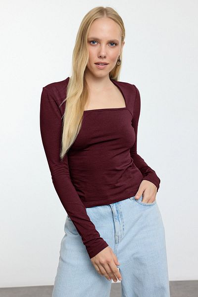 Trendyol Collection Bluză elastică din bumbac, cu guler pătrat, închis la culoare, roșu claret TWOAW24BZ00165