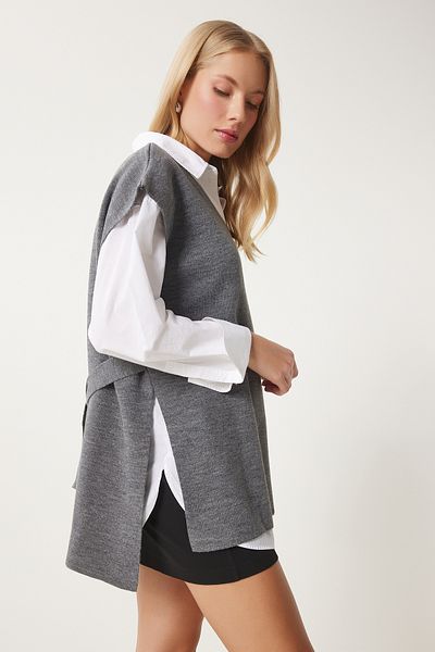 Happiness İstanbul Anthrazitfarbener Damen-Pullover mit V-Ausschnitt und Gürtel, lang, US00185