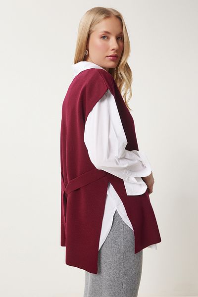 Happiness İstanbul Burgunderroter Damen-Pullover mit V-Ausschnitt und Gürtel, lang, US00185