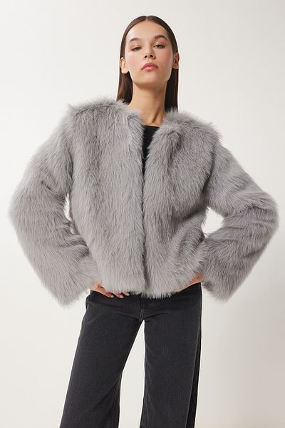 Happiness İstanbul Women's Gray Faux Fur Jacket Ul00047